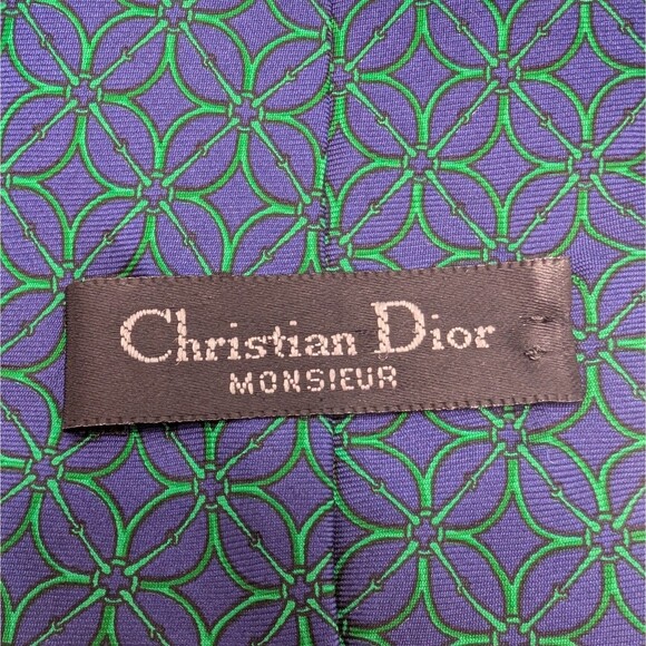 Christian Dior Vintage Silk Tie Classic Pattern Navy Green - Picture 2 of 3